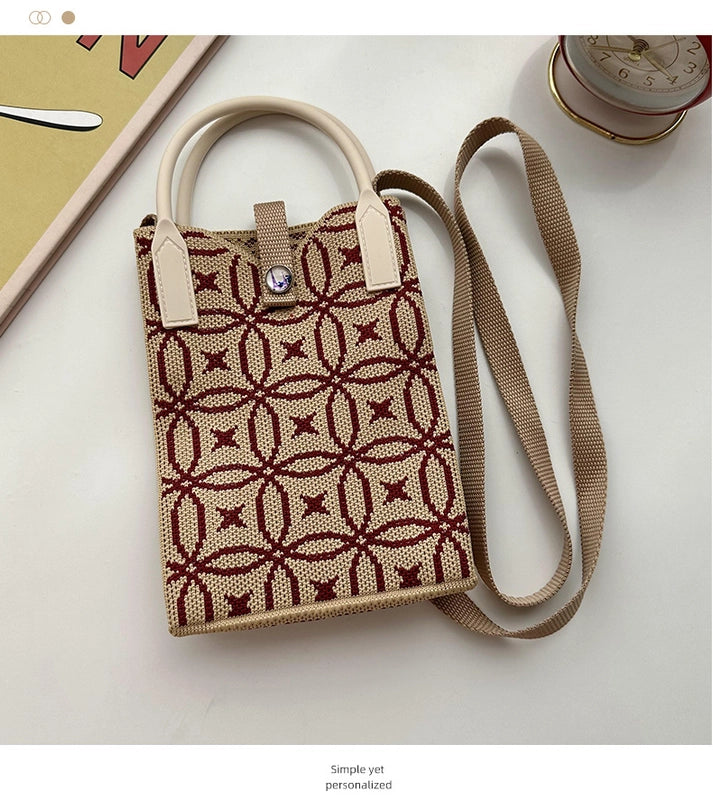 Unisex Small Knit Stripe Heart Shape Basic Vintage Style Weave Square Lock Clasp Phone Wallets