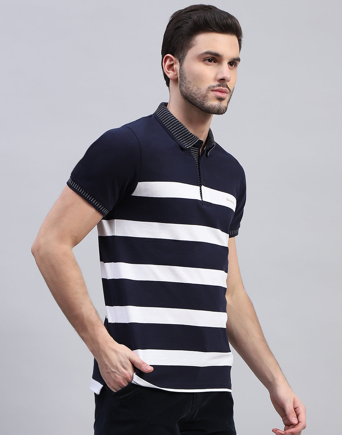 Men Navy Blue Stripe Polo Collar Half Sleeve T-Shirt