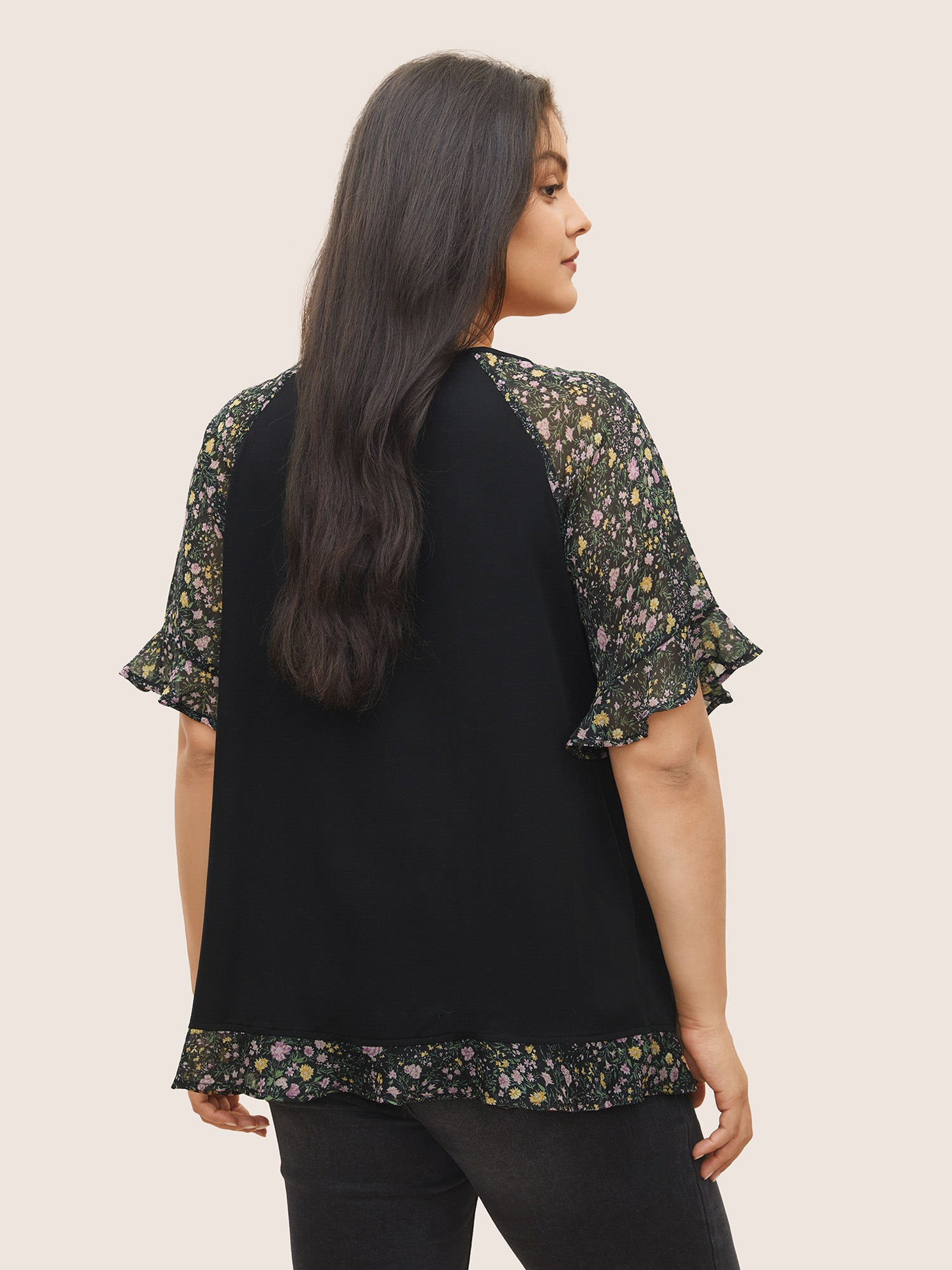 Ditsy Floral Patchwork Ties Flutter Sleeve Blouse