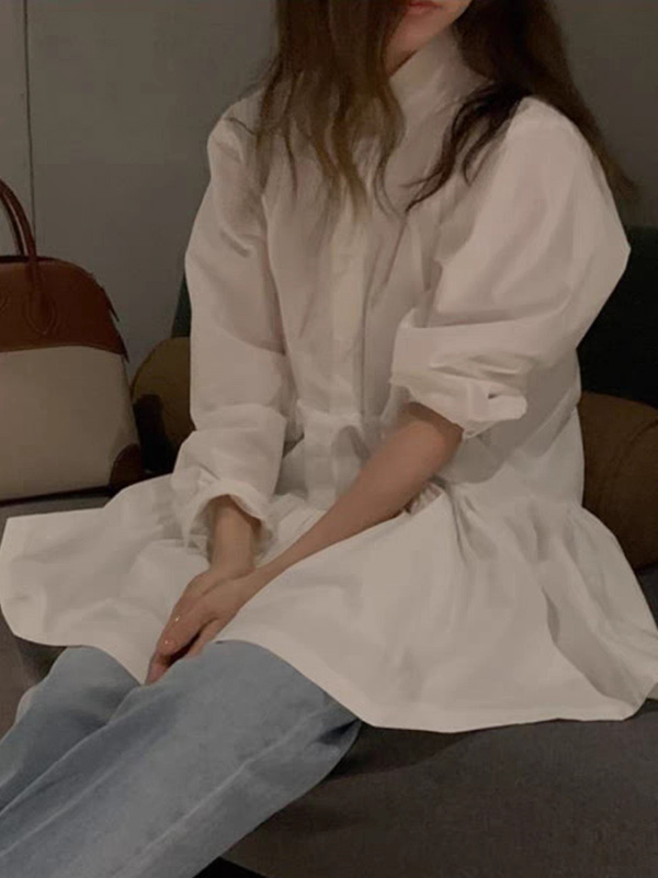 A-Line Long Sleeves Buttoned Pleated Solid Color Lapel Mini Dresses Shirt Dress