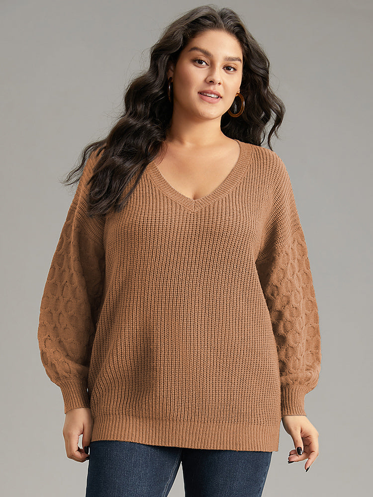 Solid Cable Knit V Neck Drop Shoulder Pullover