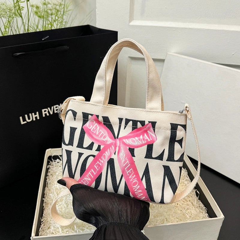Women's Canvas Letter Cat Strawberry Cute Sewing Thread Open Handbag Crossbody Bag