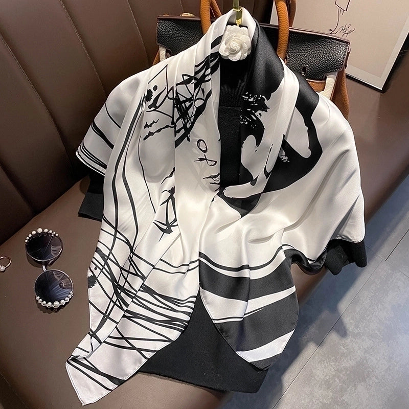 Fashion Light Luxury 90cm Simulation Silk Scarf Simple Striped Large Square Scarf