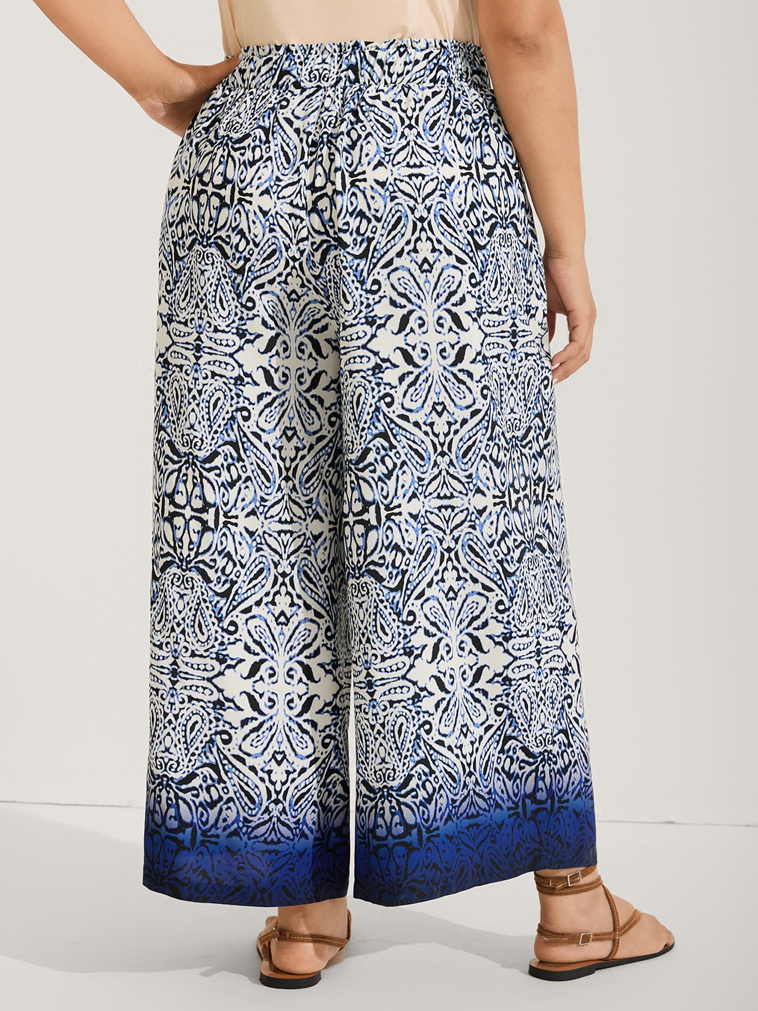 Abstract Floral Print Shirred Wide-Leg Pants
