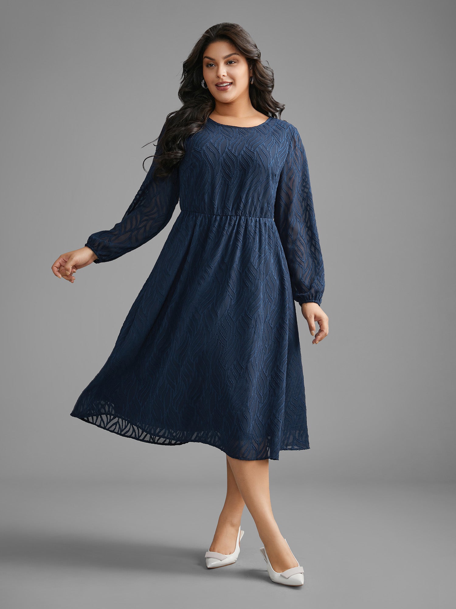 Textured Chiffon Lantern Sleeve Midi Dress