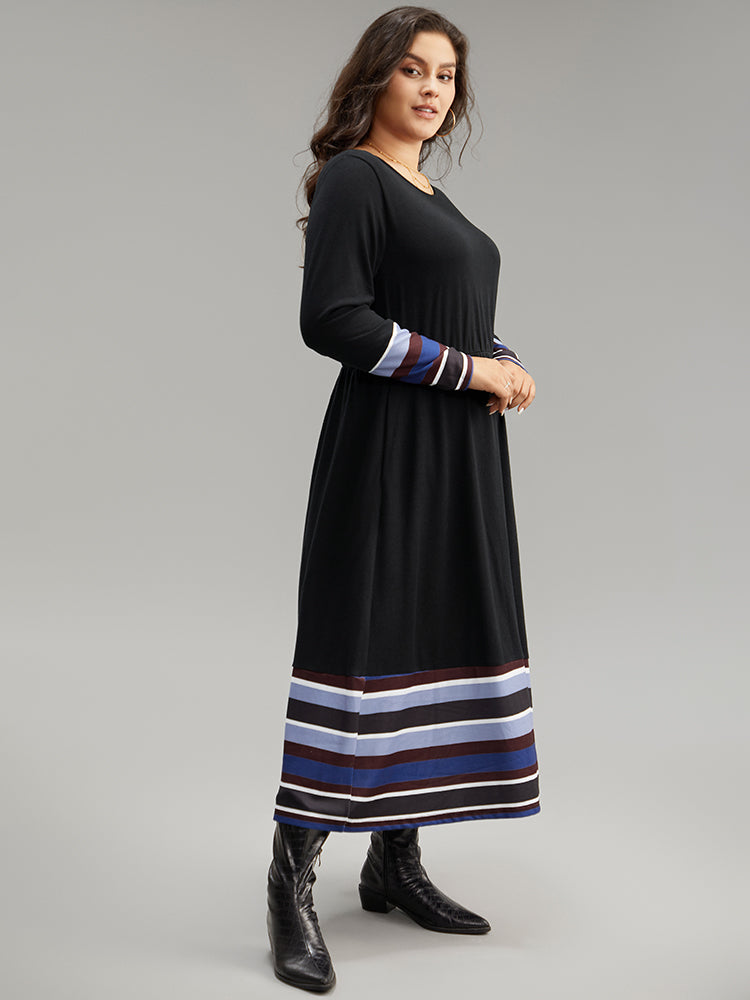 Striped Patchwork Contrast Crew Neck Dress