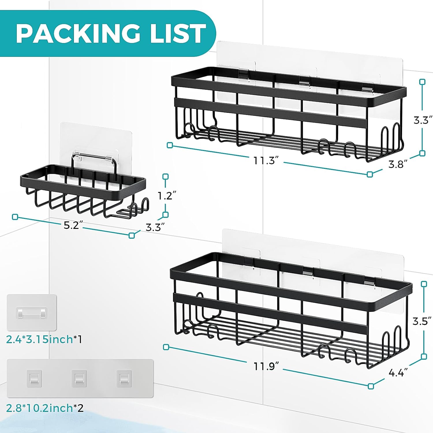 Shower Caddy. 3-Pack with Soap Holder. No Drilling Rustproof Shower Organizer with Save Space Hooks. Apartment Essentials for Bathroom
