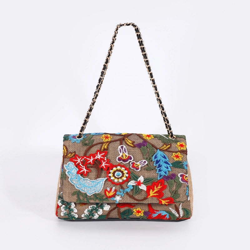 10 Pieces Women's Large Hemp Material Flower Elegant Sequins Square Flip Cover Crossbody Bag