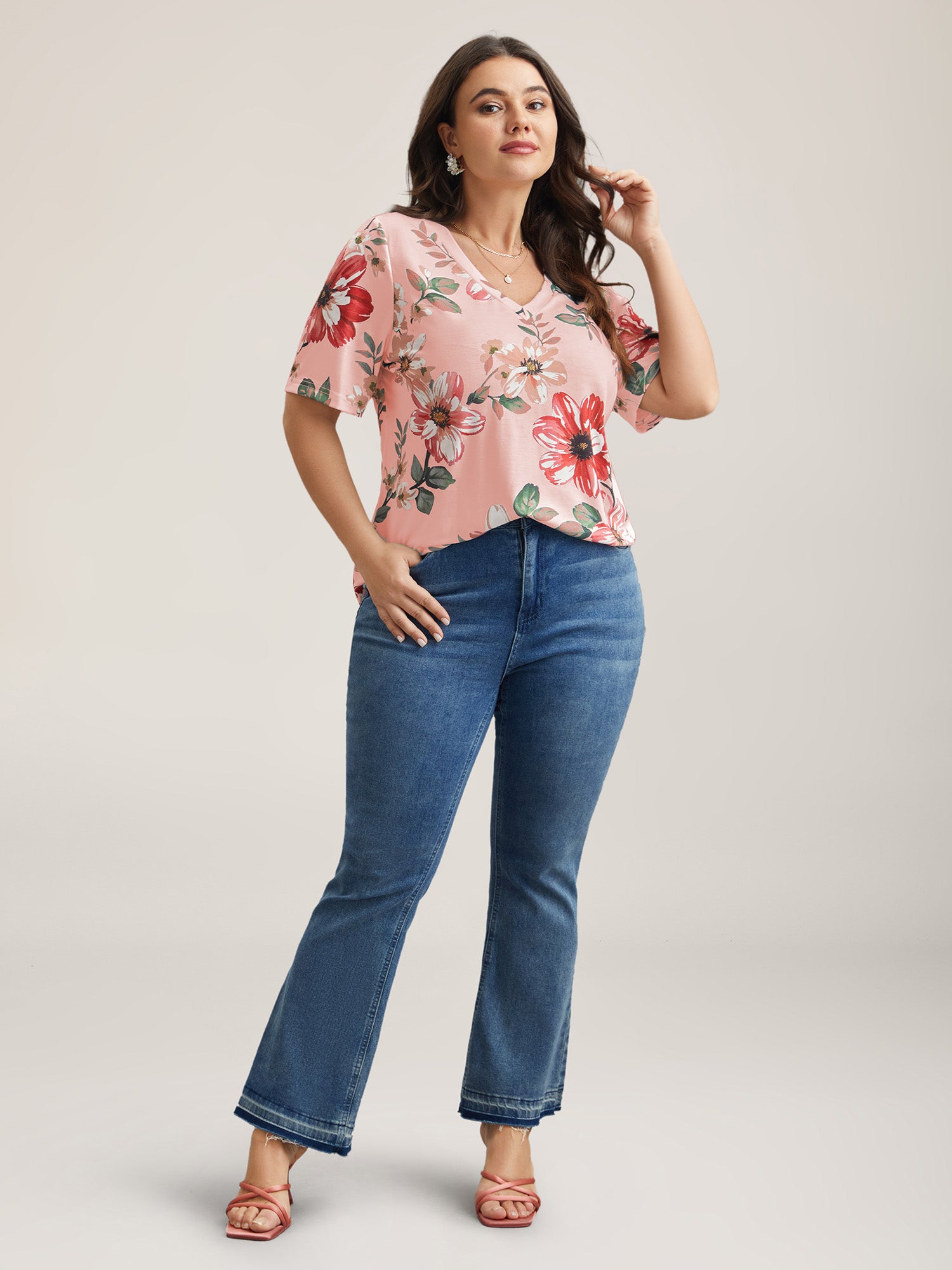 Multi-Color Floral Print V-Neck T-Shirt