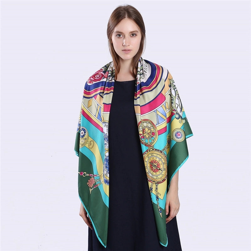 New Fashion Silk Scarf Twill Imitation Silk 130cm Big Square Scarf Roman Clock Printing Shawl Scarf