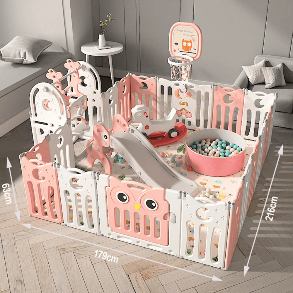 Owl Design Baby Playpen: Slide. Swing. Rocking Horse. Ball Pool & More