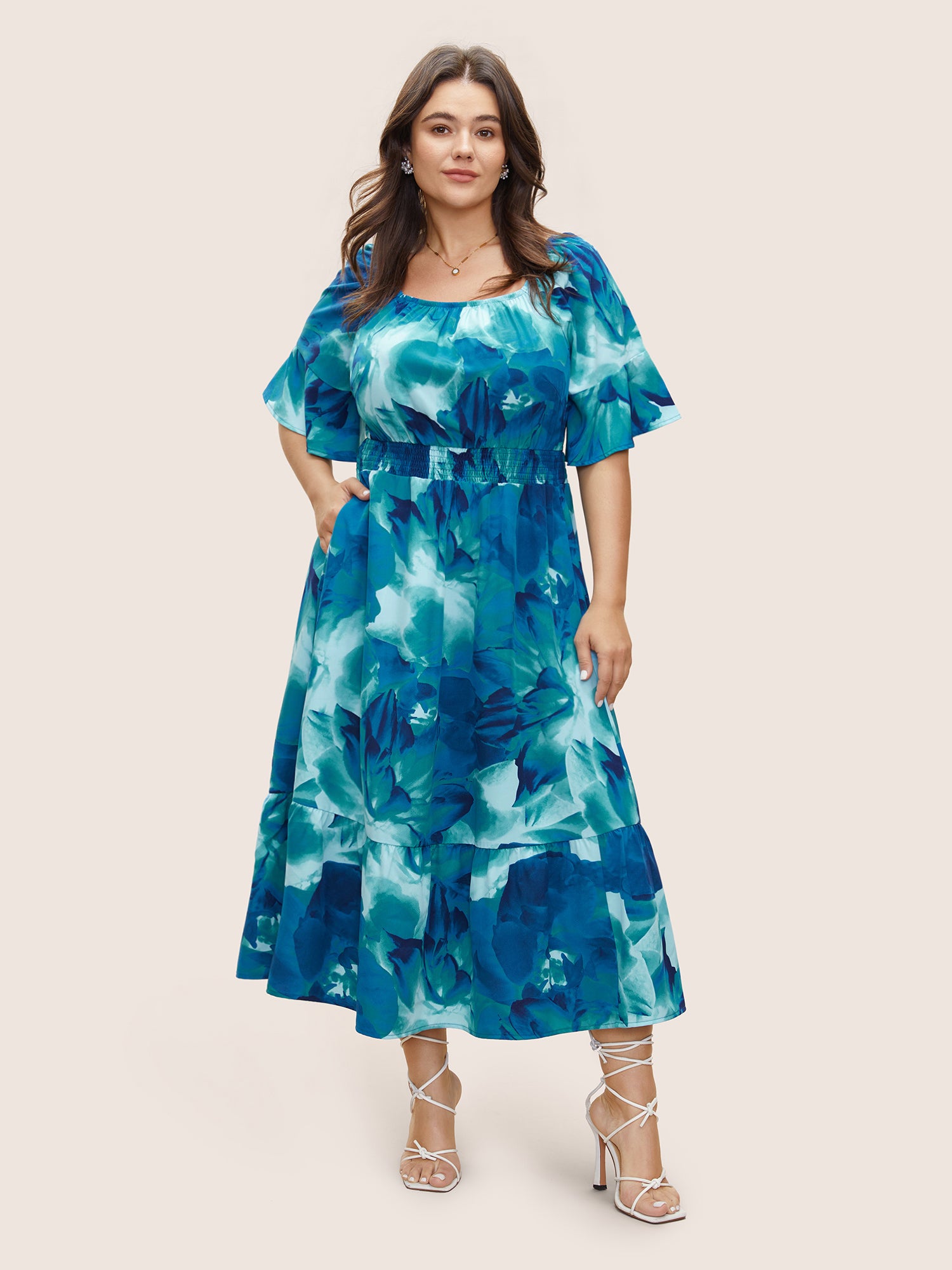 Square Neck Floral Shirred Gathered Ruffle Sleeve Dress