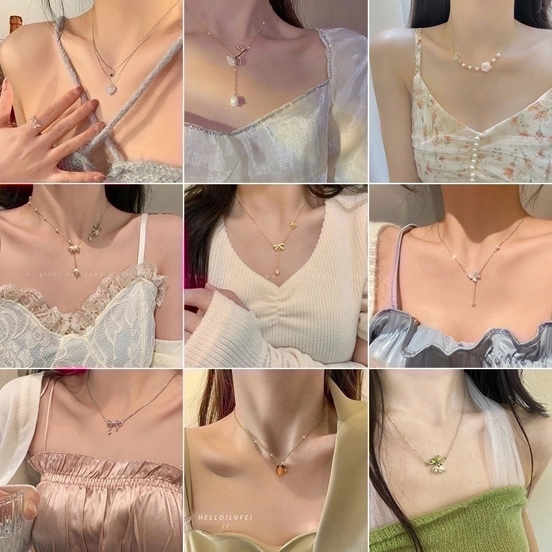 Minimalist Square Flower Bow Knot Alloy Inlay Artificial Pearls Rhinestones Women's Necklace