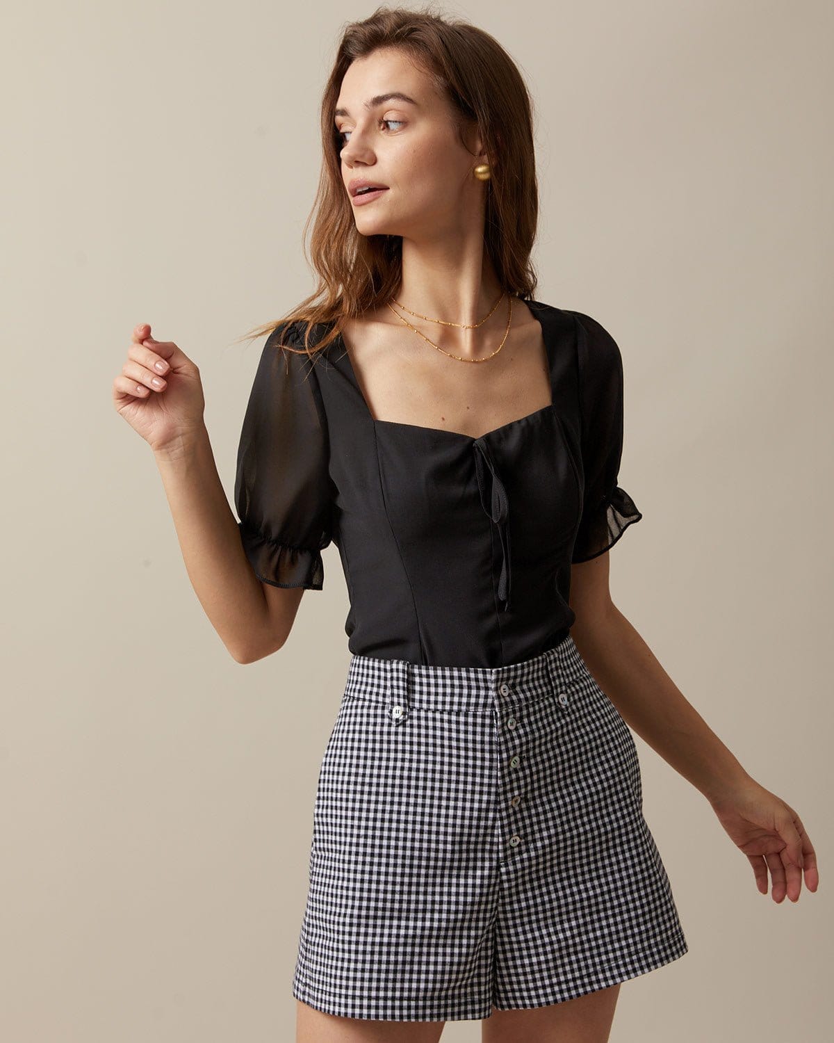 The Black Sweetheart Neck Puff Sleeve Sheer Blouse