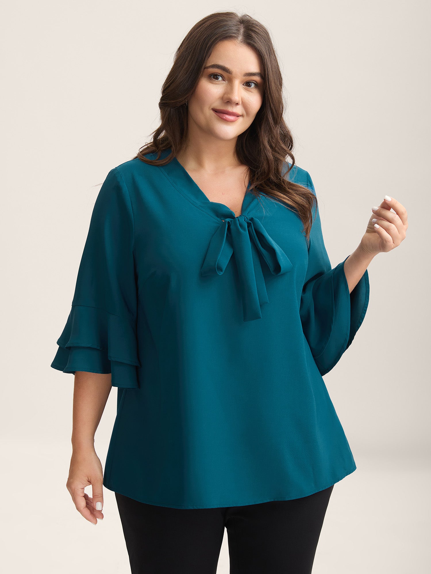Ribbon Collar Double Lotus Sleeve Blouse