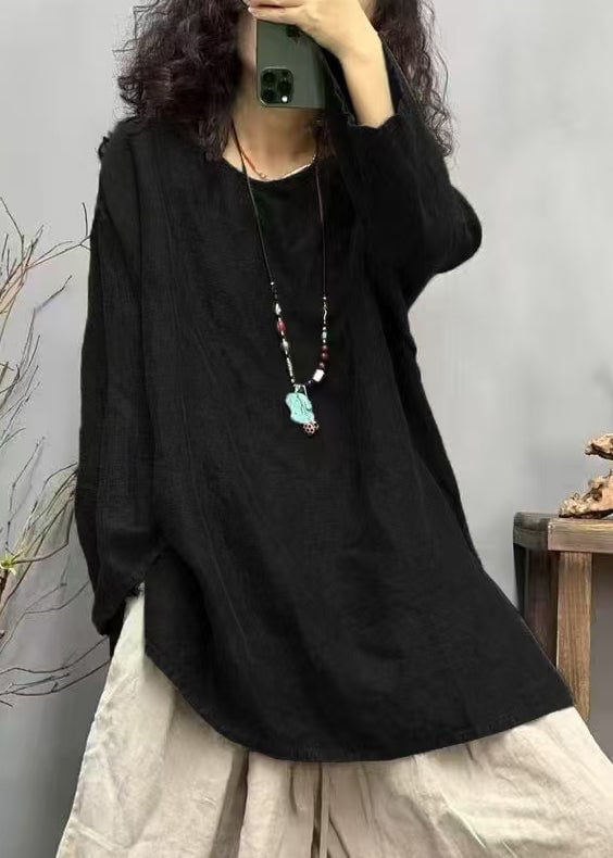Loose Red O Neck Side Ppen Linen T Shirts Fall