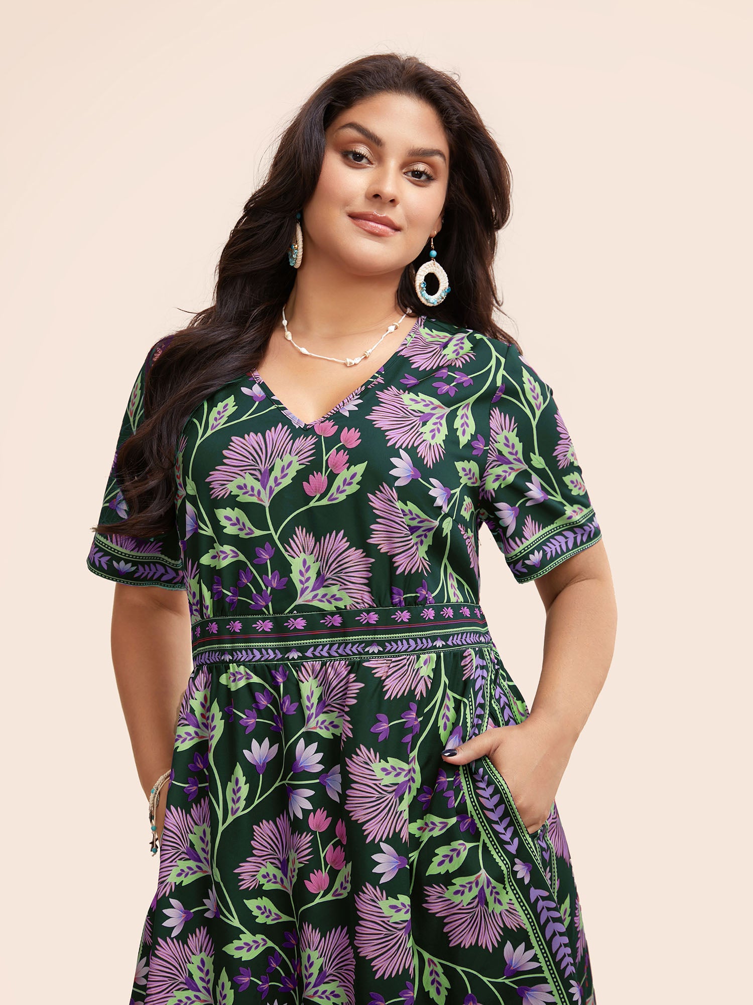 Boho Print Shirred Pocket Midi Dress