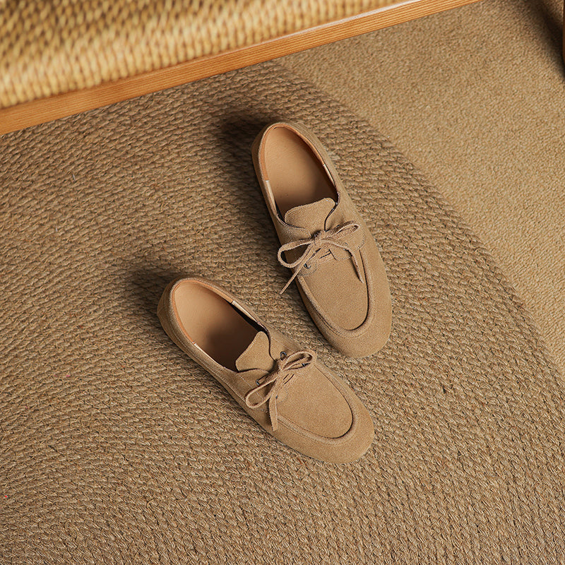 Women's Suede Leather Lace-Up Boat Shoes Round Toe Casual Driving Loafers in Deep Brown/Coffee