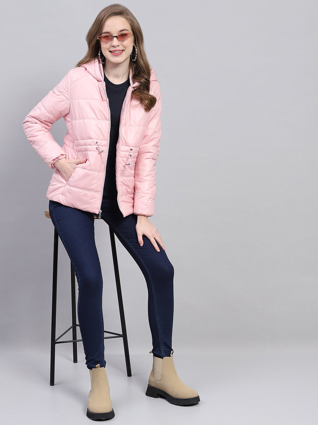 Women Pink Solid Hooded Full Sleeve Jacket