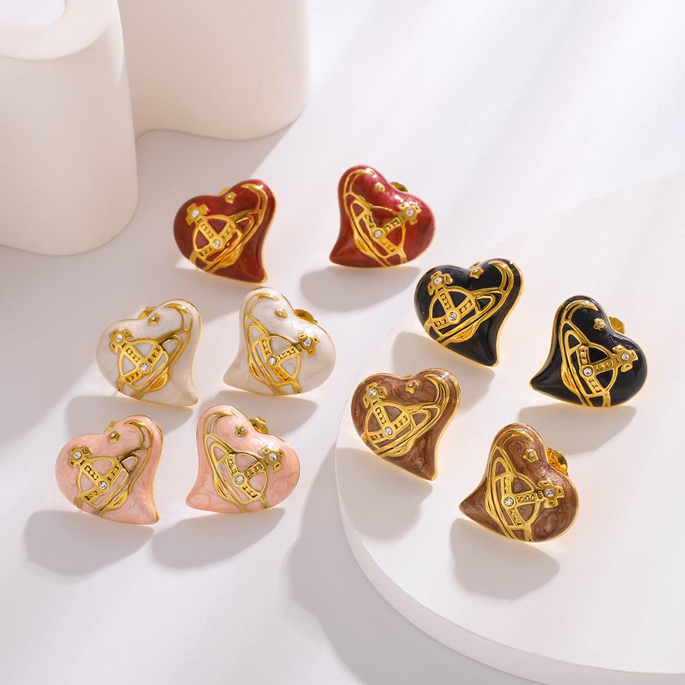 Fashionable Planet Love Earrings With Diamonds Small And Exquisite Oil-Drop Stainless Steel Earrings For Women