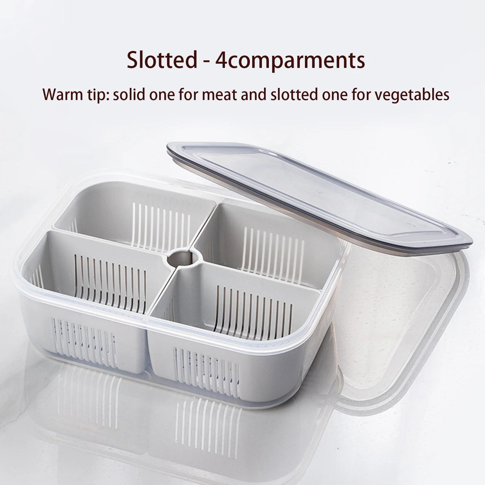 FRIDGE ORGANIZER. DIVIDED VEGETABLE & MEAT BOX. FOOD-GRADE. MICROWAVEABLE.