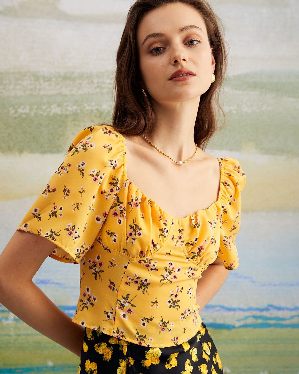 The Yellow Sweetheart Neck Floral Blouse