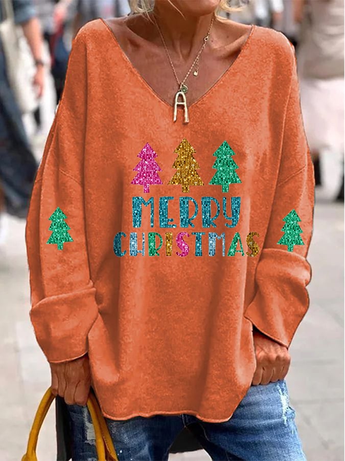 Women's Sequined Christmas Tree Print Long Sleeve T-Shirt