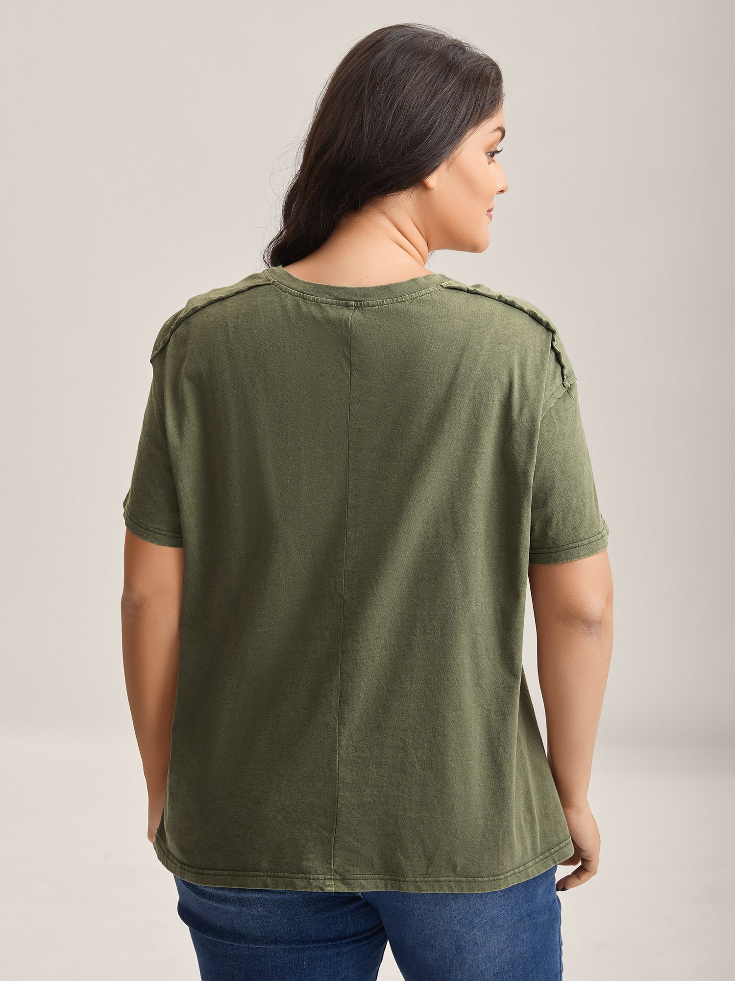 Cotton Vintage Frayed Hem Crew Neck T-Shirt