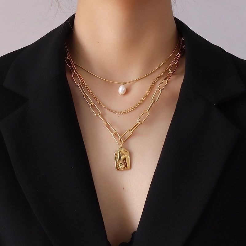 Fashion Human Face 304 Stainless Steel Freshwater Pearl 18K Gold Plated Plating Necklace
