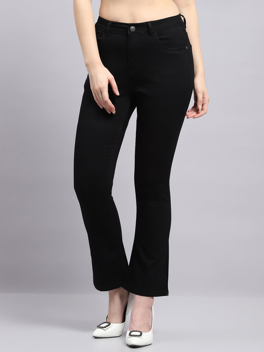 Women Black Solid Regular Fit Denim