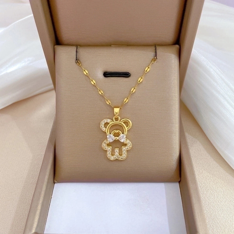 Minimalist Bear Titanium Steel Copper Plating Inlay Zircon Pendant Necklace