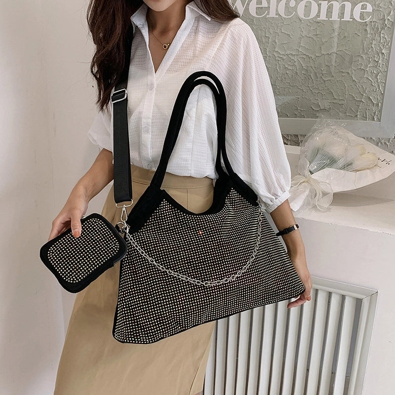 Vintage Style Solid Color Rhinestone Semicircle Zipper Shoulder Bag Tote Bag