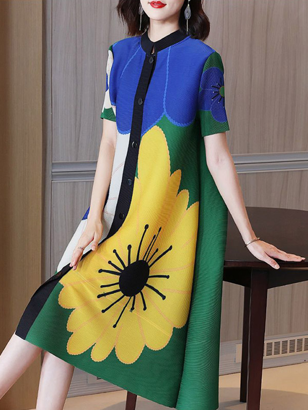 A-Line Loose Buttoned Flower Print Pleated Round-Neck Midi Dresses