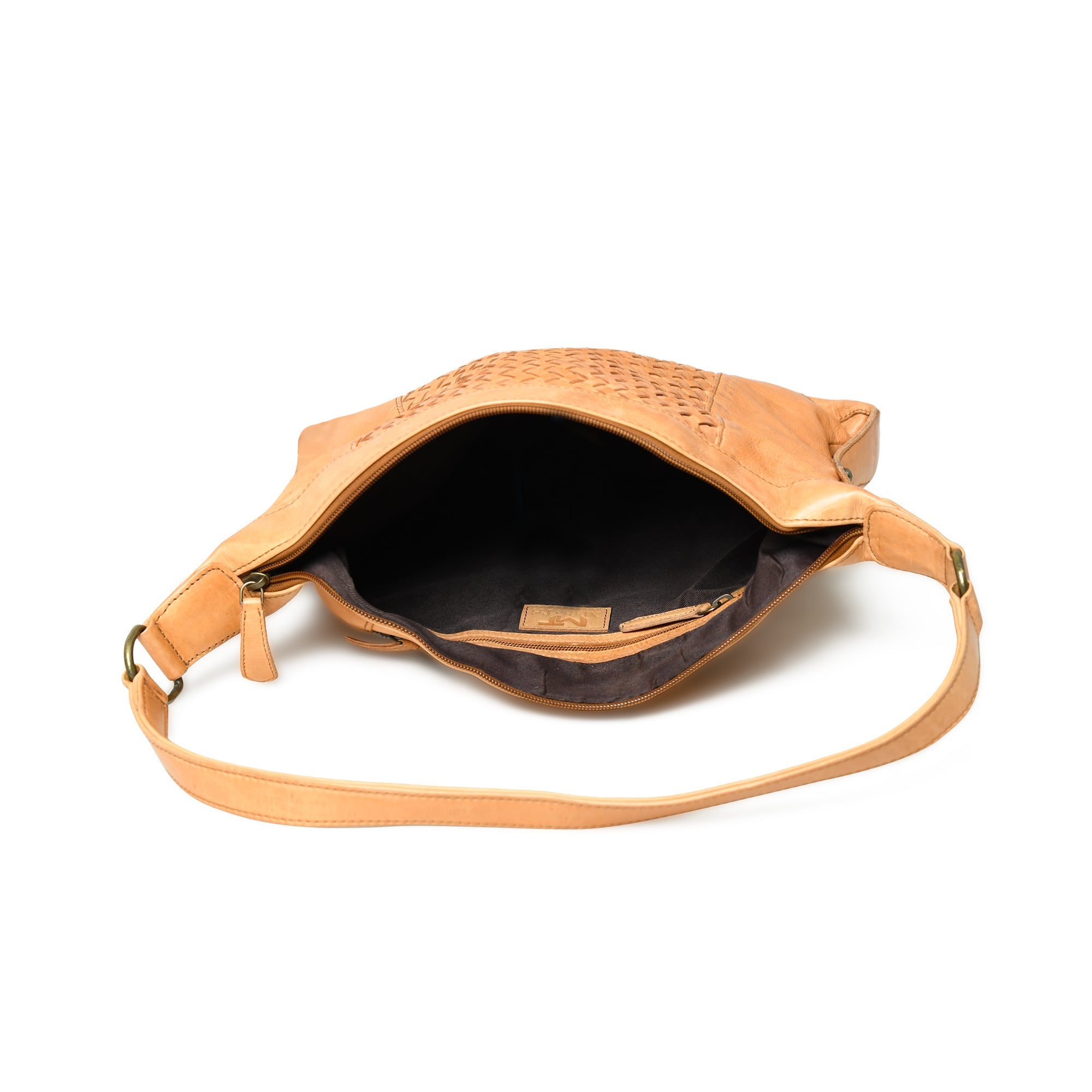 Textured Leather Shoulder Sling. Brown