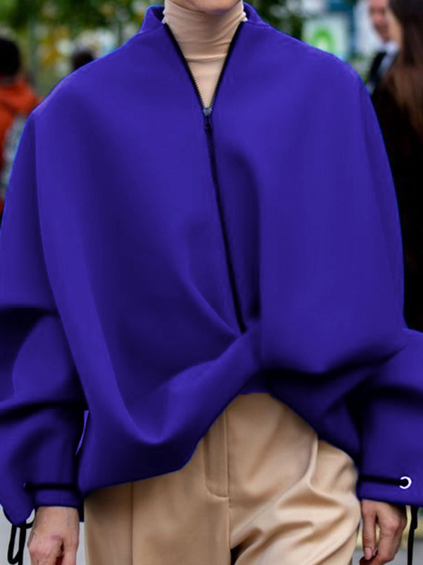 Loose Puff Sleeves Asymmetric Split-Joint Zipper Stand Collar Outerwear
