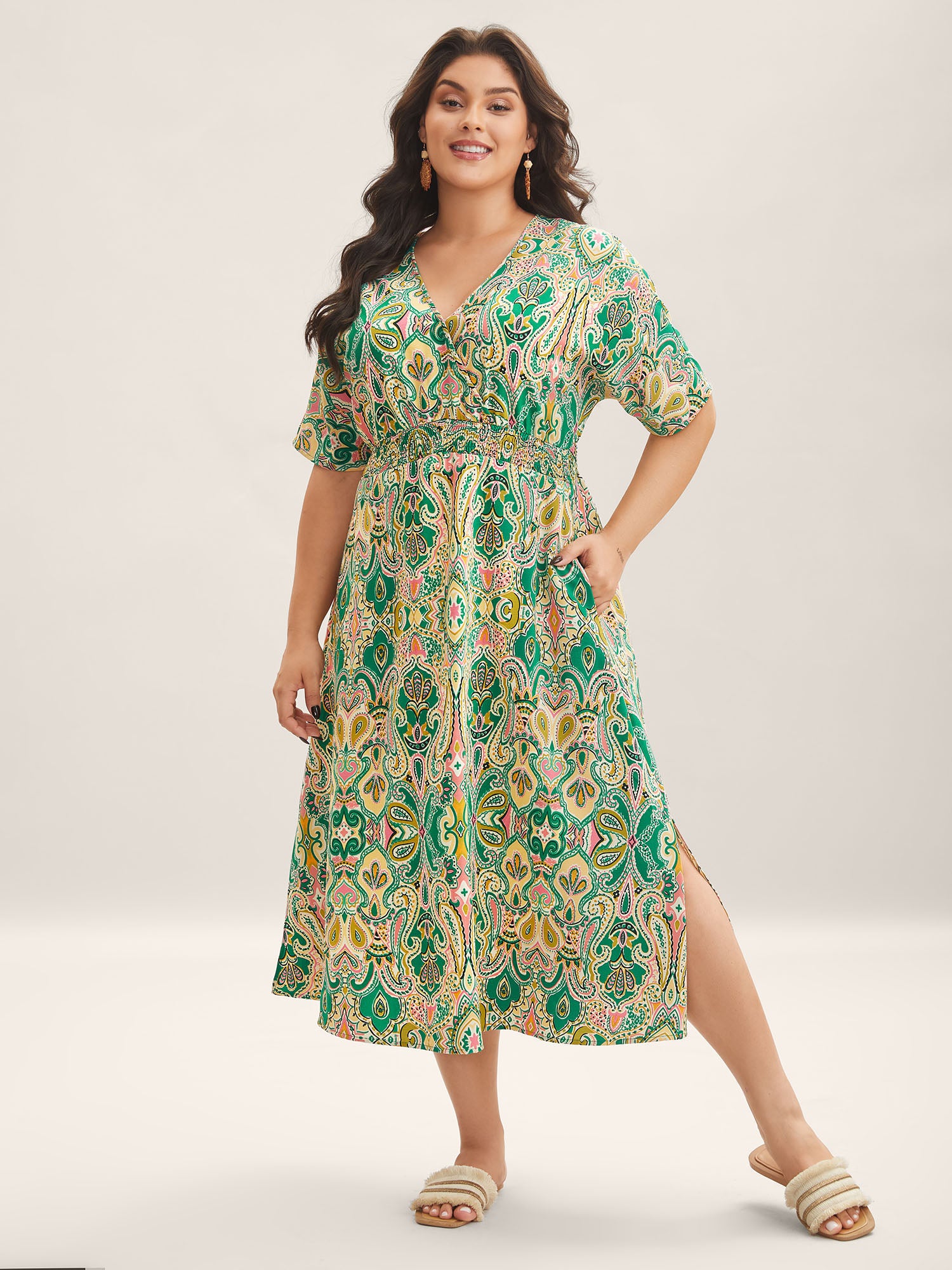 Paisley Print Shirred Pockets Midi Dress