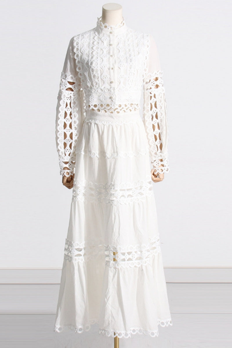 Casual Solid Color Hollow Out Mandarin Collar Long Sleeve Two Pieces