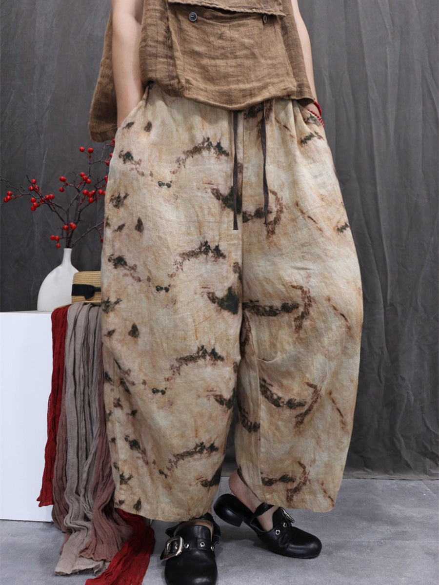 Women Artsy Summer Flower 100%Linen Harem Pants