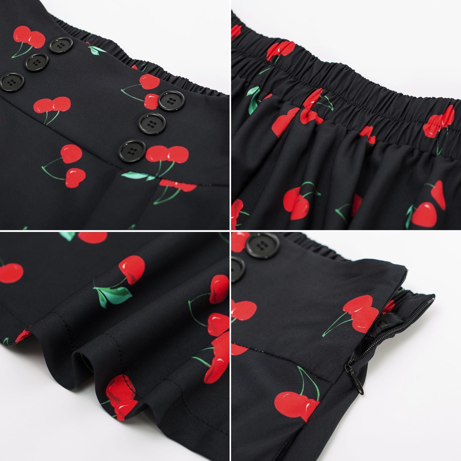 Leaf Patterns Pleated Buttons Decorated Elastic Waist High Waist Swing A-Line Skirt with Pockets