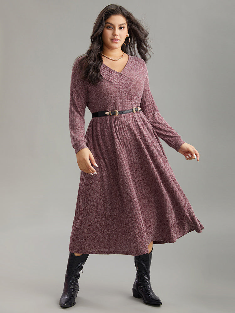 Rib Knit Plain Plisse Long Sleeve Dress