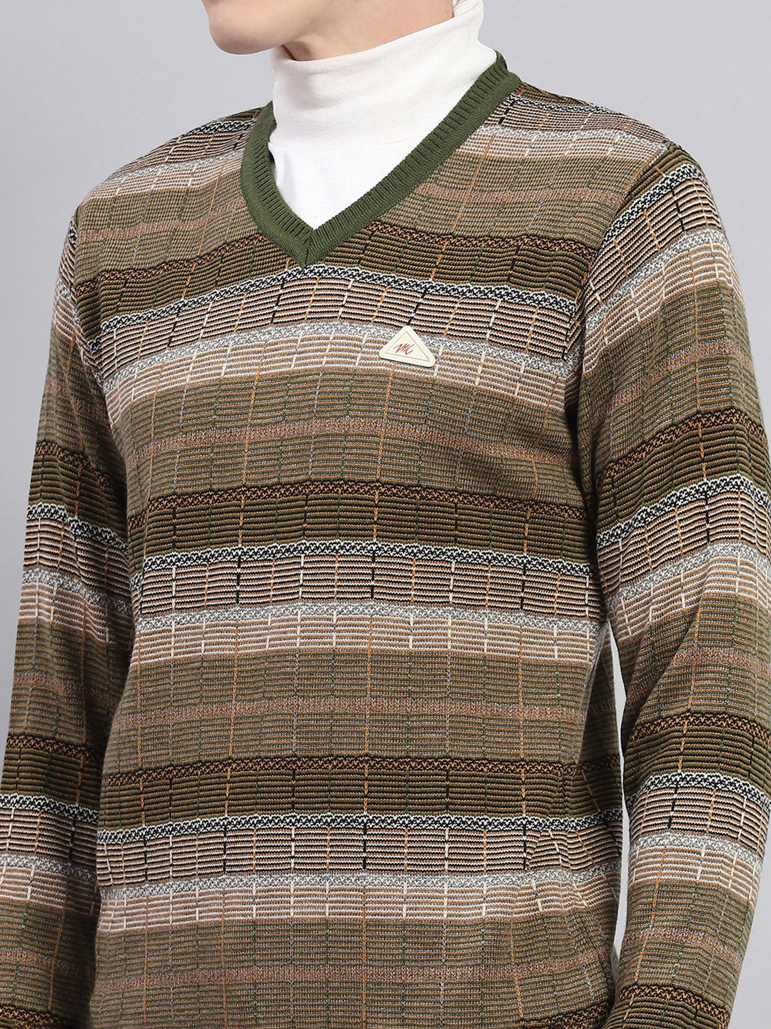 Men Green & Brown Stripe V Neck Full Sleeve Pullover