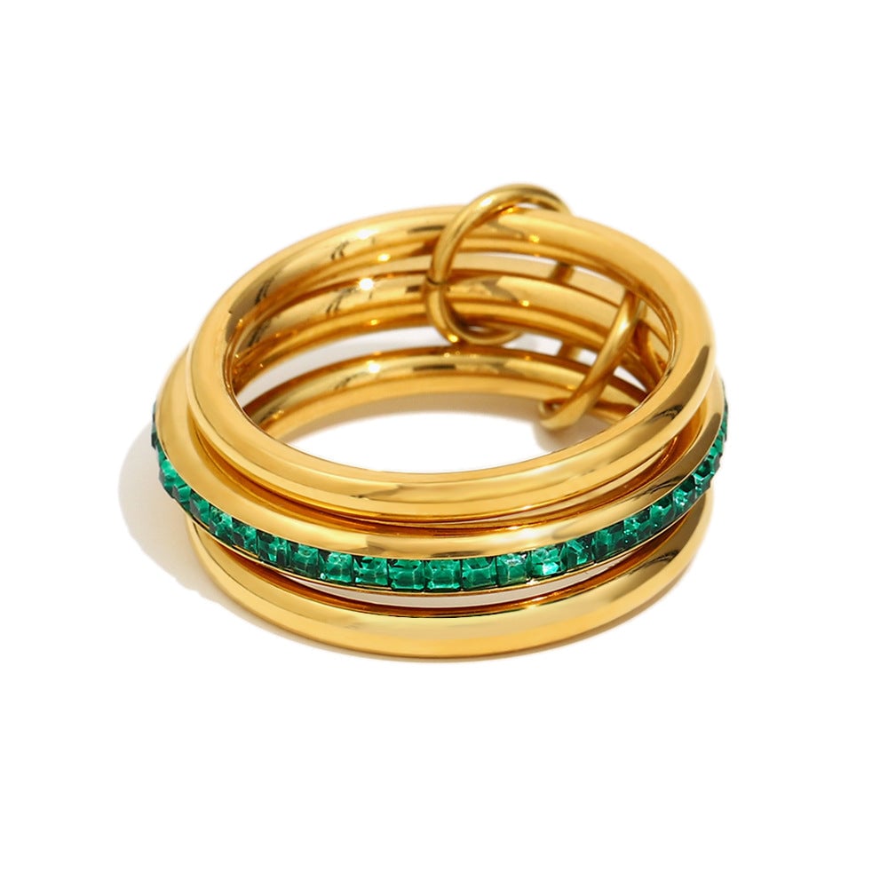 Fashionable Stainless Steel 18K Gold Plated Cross Zircon Five-Pointed Star Round Bead Braided Three-Layer Ring