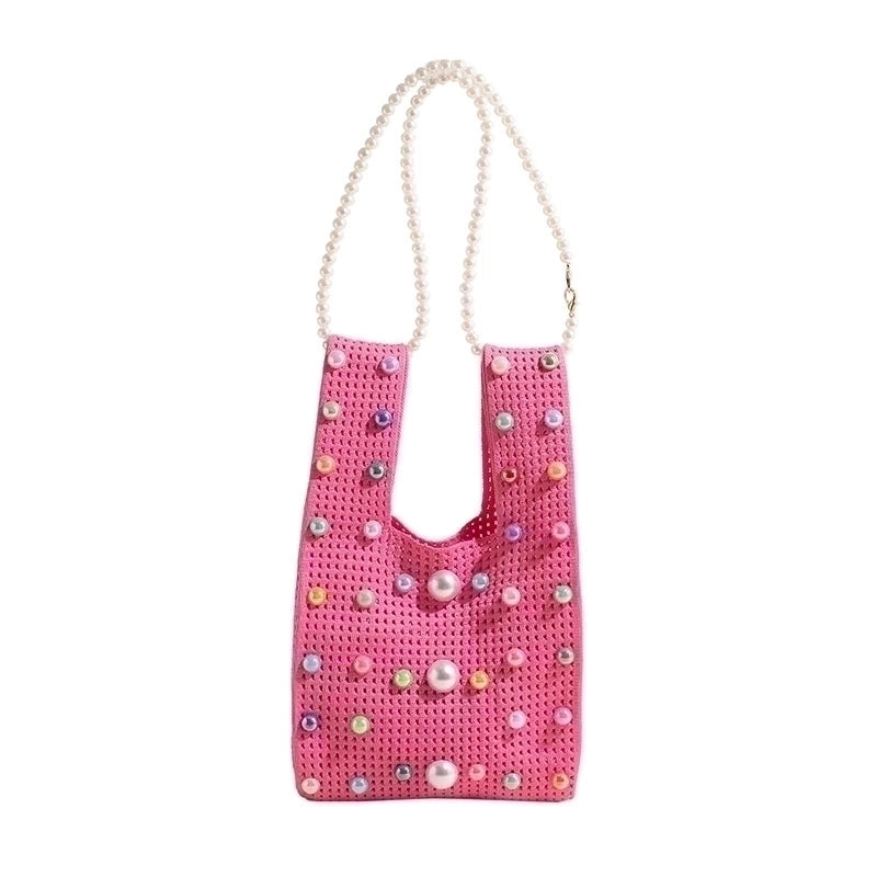 Women's Medium Knit Solid Color Cute Pearls Open Straw Bag