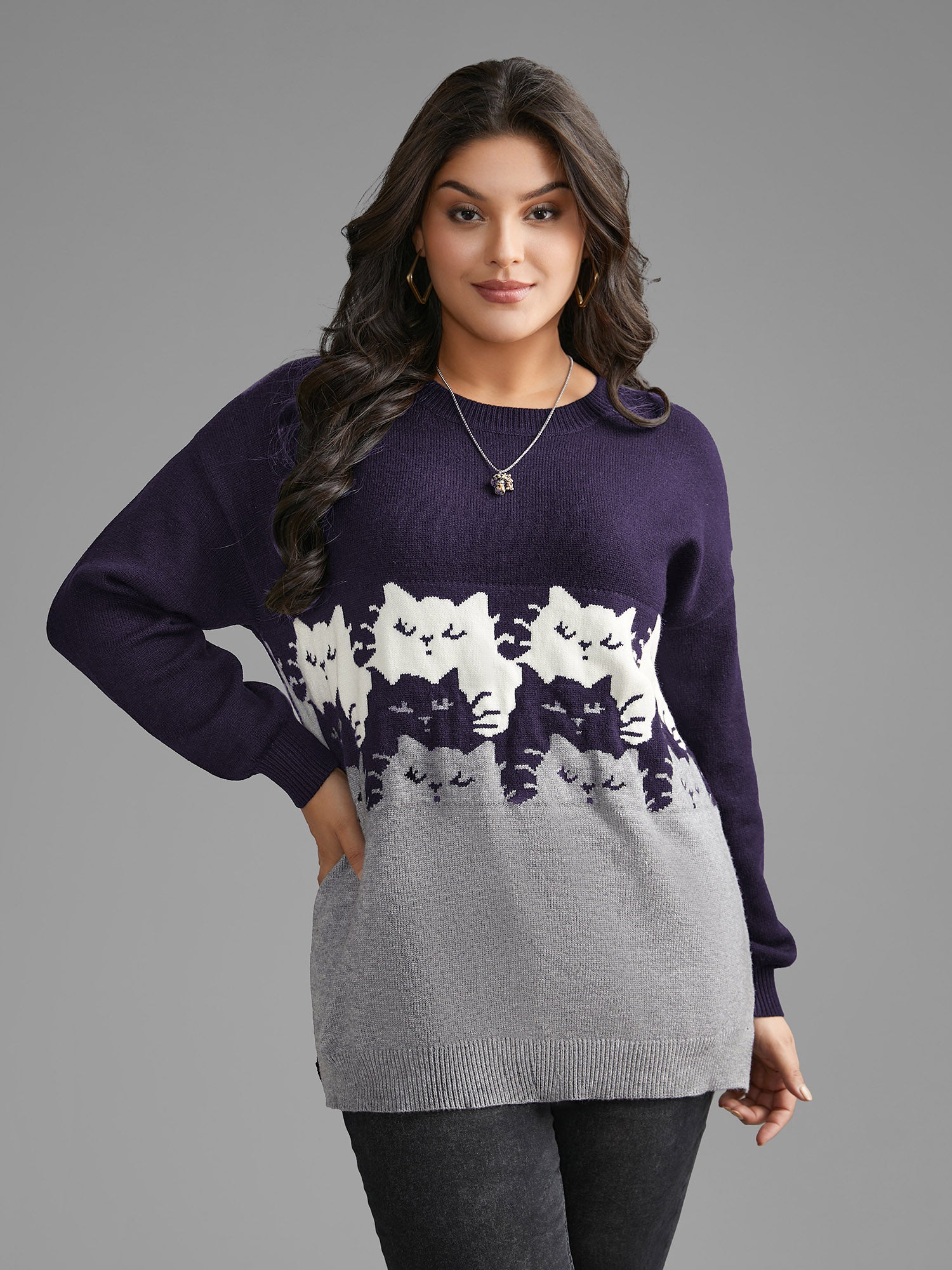 Cat Contrast Drop Shoulder Pullover