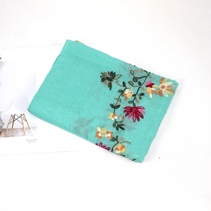 Women's Classic Style Flower Cotton And Linen Embroidery Scarf
