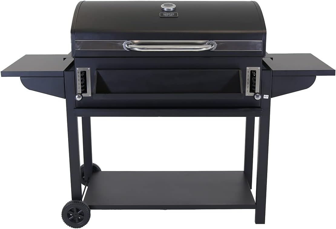 Deluxe American Charcoal BBQ Grill With Thermometer. Side Stands. Bottles Rack. Bottom Shelf