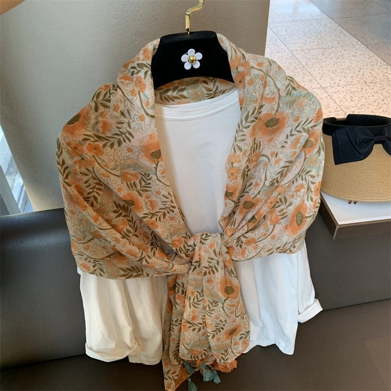 Women's Silk Scarf Summer Versatile Thin Scarf Cotton And Linen Scarf Blue Feather Tassel Beach Towel Sunscreen Shawl