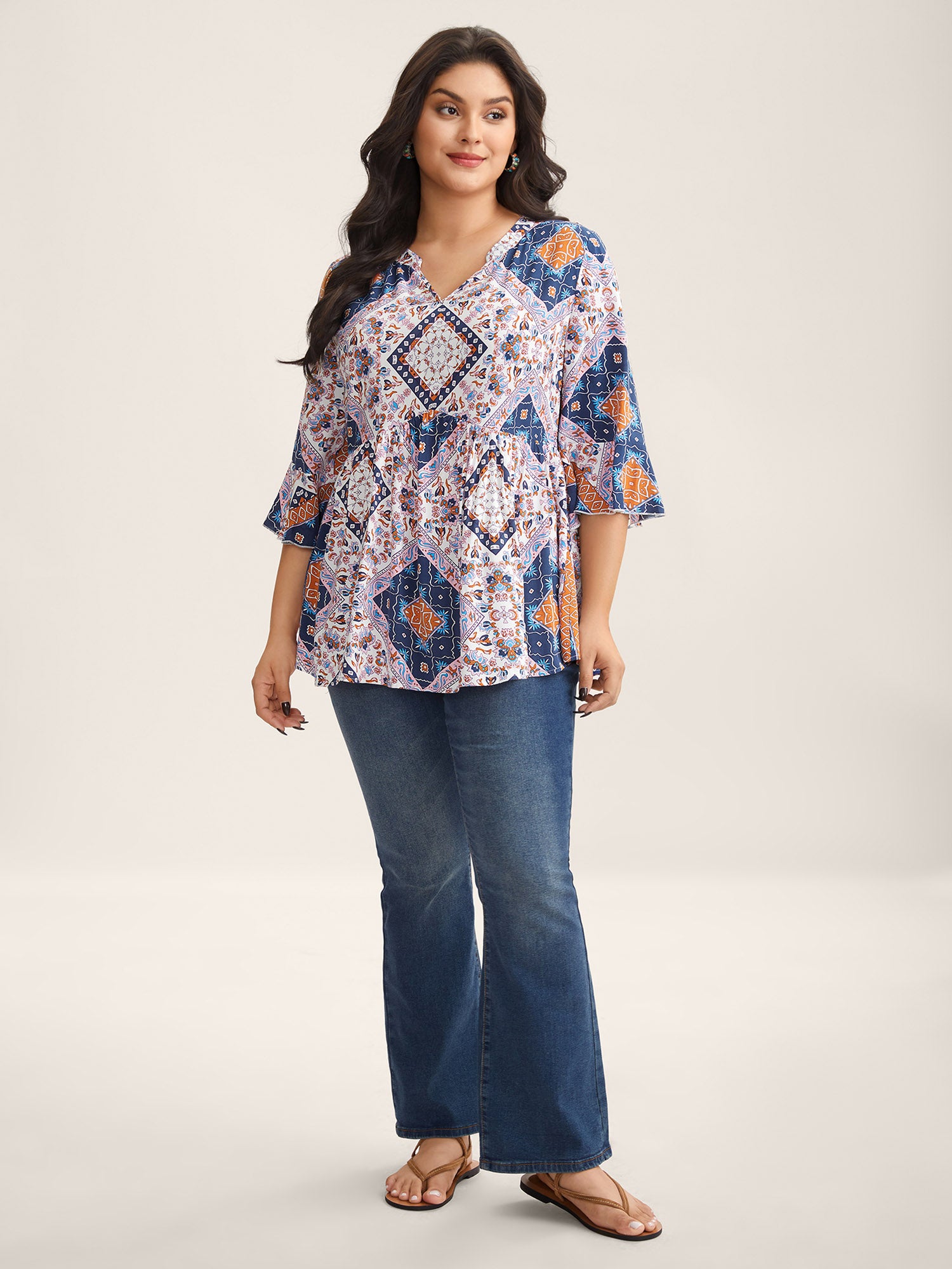 Boho Collage Print Notched Babydoll Top