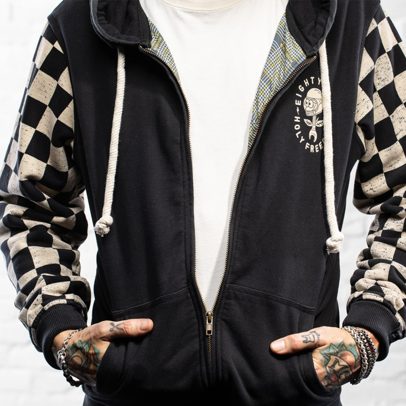 Retro Motorcycle Cotton Checkerboard Long Sleeve Hooded Zipped Jacket