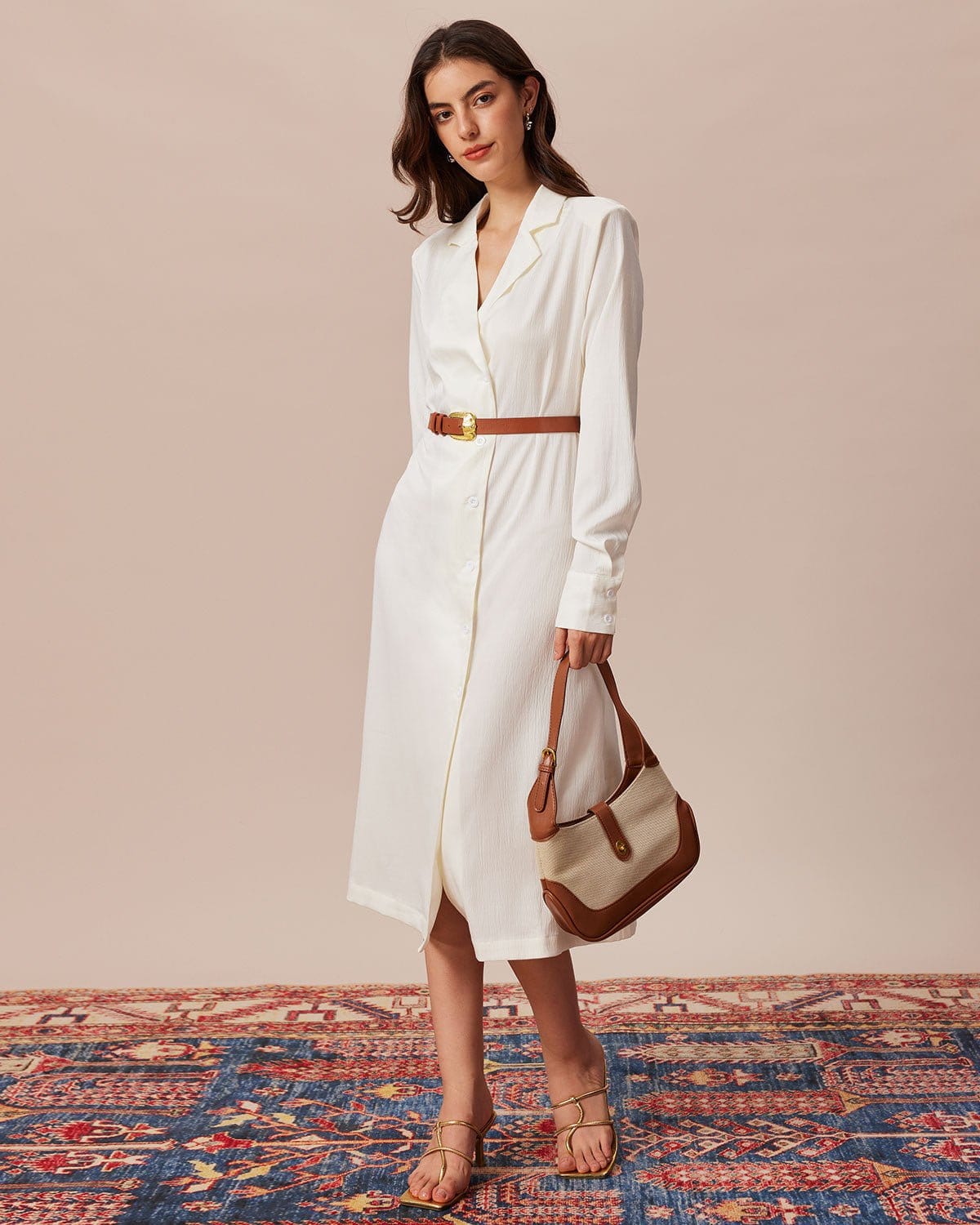 The Beige Lapel Long Sleeve Shirt Midi Dress